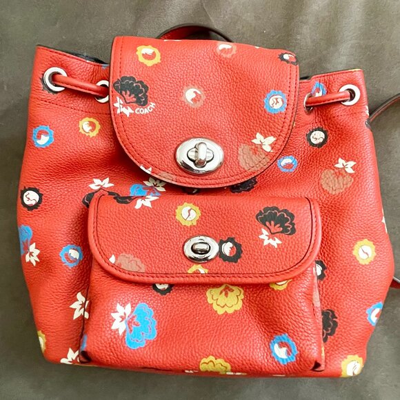 COACH Turnlock Rucksack Floral Print Mini Backpack Carmine Red Leather - Picture 2 of 5